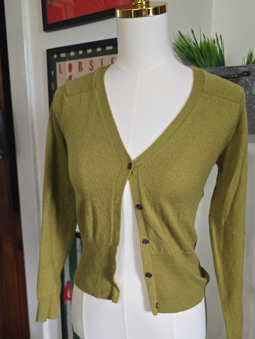 Cynthia Rowley Olive Green V‑Neck Button Cardigan 100% Merino Wool